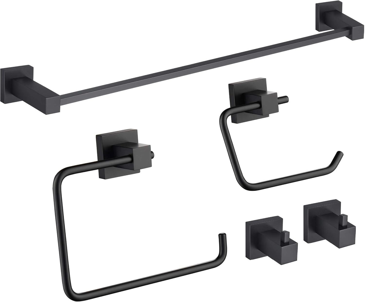 KIBI Cube Bathroom Hardware Set 5 Piece Bathroom Accessories Set | Towel Bar (24'), Towel Ring, Toilet Paper Holder, Robe Hooks (Matte Black) (C-KBA15-5-2)