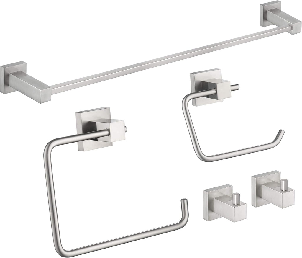 KIBI Cube 5 Piece Brushed Nickel Bathroom Hardware Set | Towel Bar (24'), Towel Ring, Toilet Paper Holder, Robe Hooks | Towel Holder & Toilet Paper Roller for Bathroom (C-KBA15-5-2)