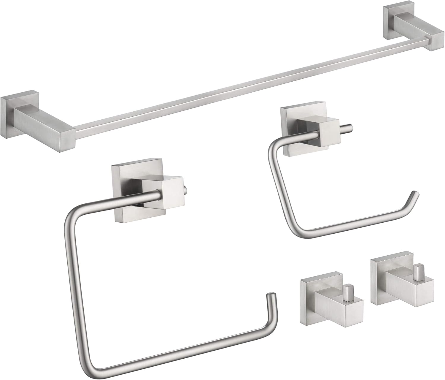 KIBI Cube 5 Piece Brushed Nickel Bathroom Hardware Set | Towel Bar (24'), Towel Ring, Toilet Paper Holder, Robe Hooks | Towel Holder & Toilet Paper Roller for Bathroom (C-KBA15-5-2)