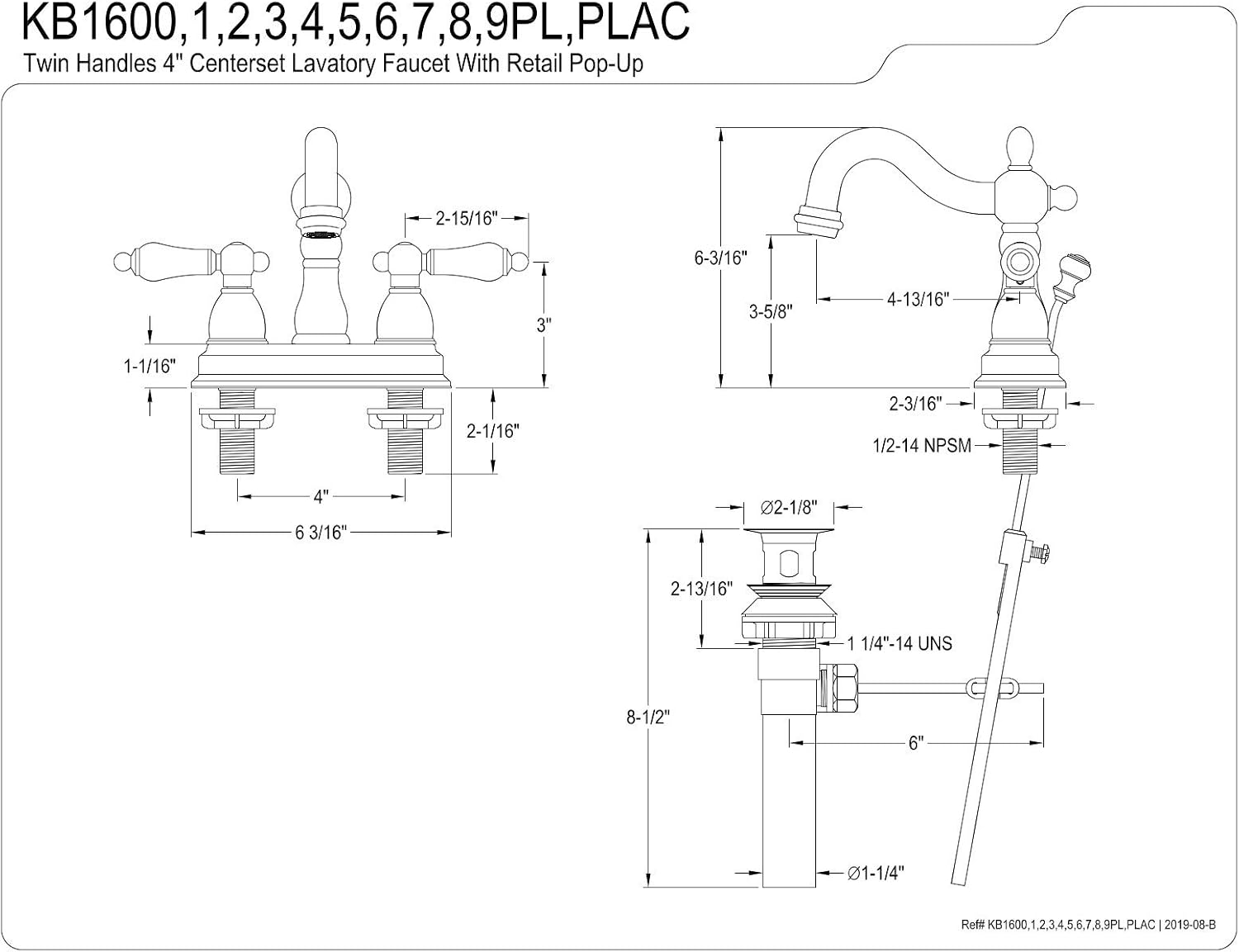 Kingston Brass KB1608PL Heritage 4-Inch Centerset Lavatory Faucet with Porcelain Lever Handle, Brushed Nickel