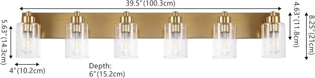 JONATHAN Y 40' Brass Gold/Clear 6-Light Modern LED Vanity Light for Bathroom Mirror, Mid-Century Wall Sconce with Clear Seeded Glass Shades, Contemporary Iron Fixture, LED Bulbs (JYL7621D)