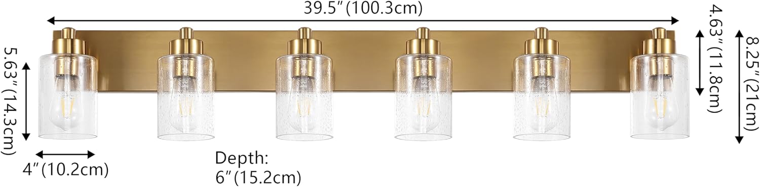 JONATHAN Y 40' Brass Gold/Clear 6-Light Modern LED Vanity Light for Bathroom Mirror, Mid-Century Wall Sconce with Clear Seeded Glass Shades, Contemporary Iron Fixture, LED Bulbs (JYL7621D)