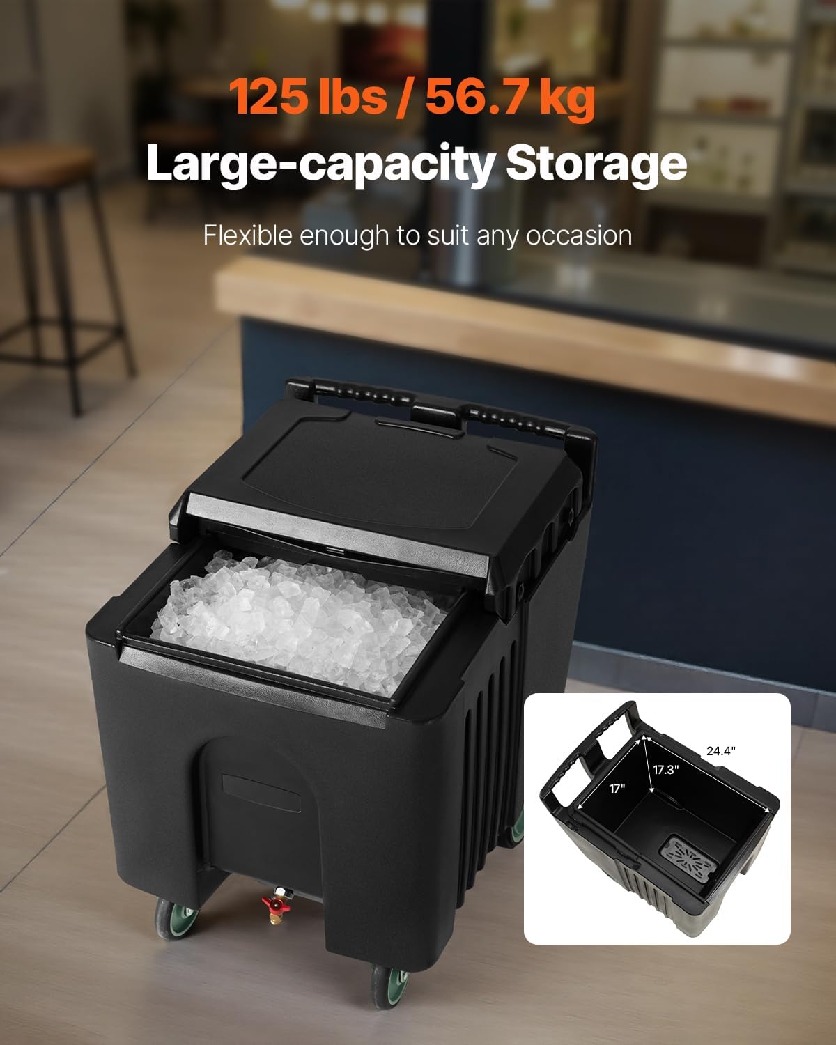 VEVOR Commercial Ice Bin, 125 lbs Portable Ice Caddy, Insulated Ice Carrier with 4 Wheels and Flip Lid, Large Ice Bin for Catering, Kitchens, Bistros, Restaurants, and Bars