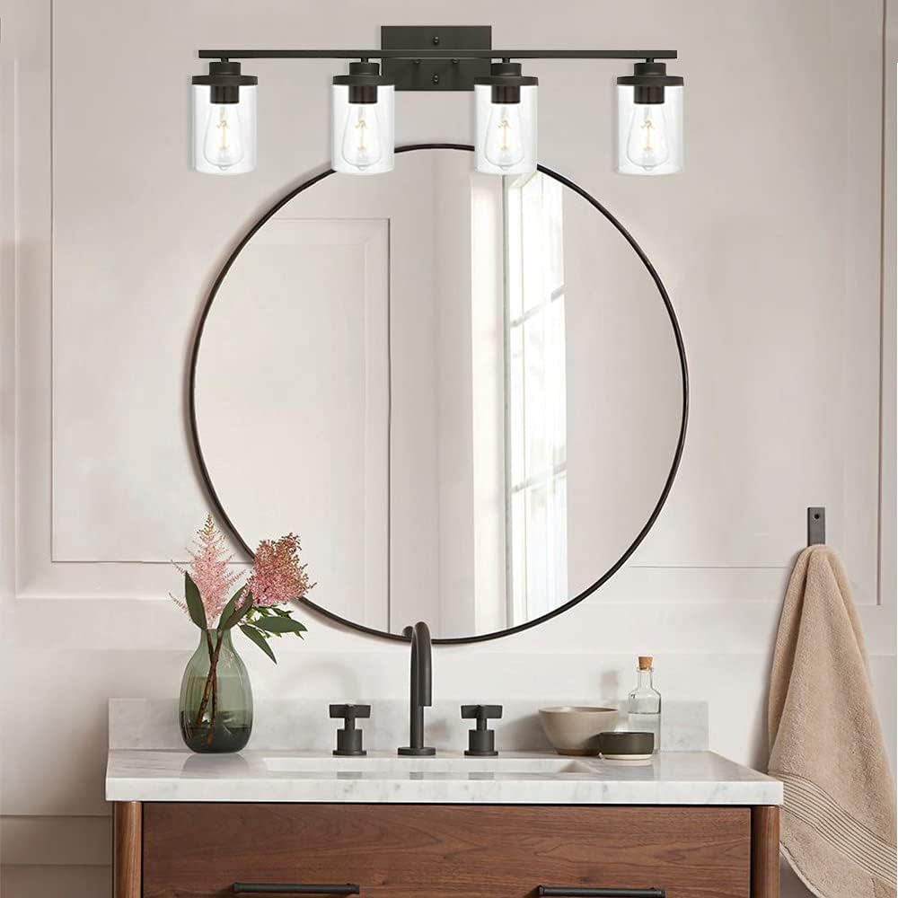 Bathroom Vanity Light Fixtures Oil Rubbed Bronze Finished 4-Light with Clear Glass Shade Contemporary Wall Sconces Bathroom Lighting Wall Mount Lamp for Kitchen Entryway Living Room Hallway