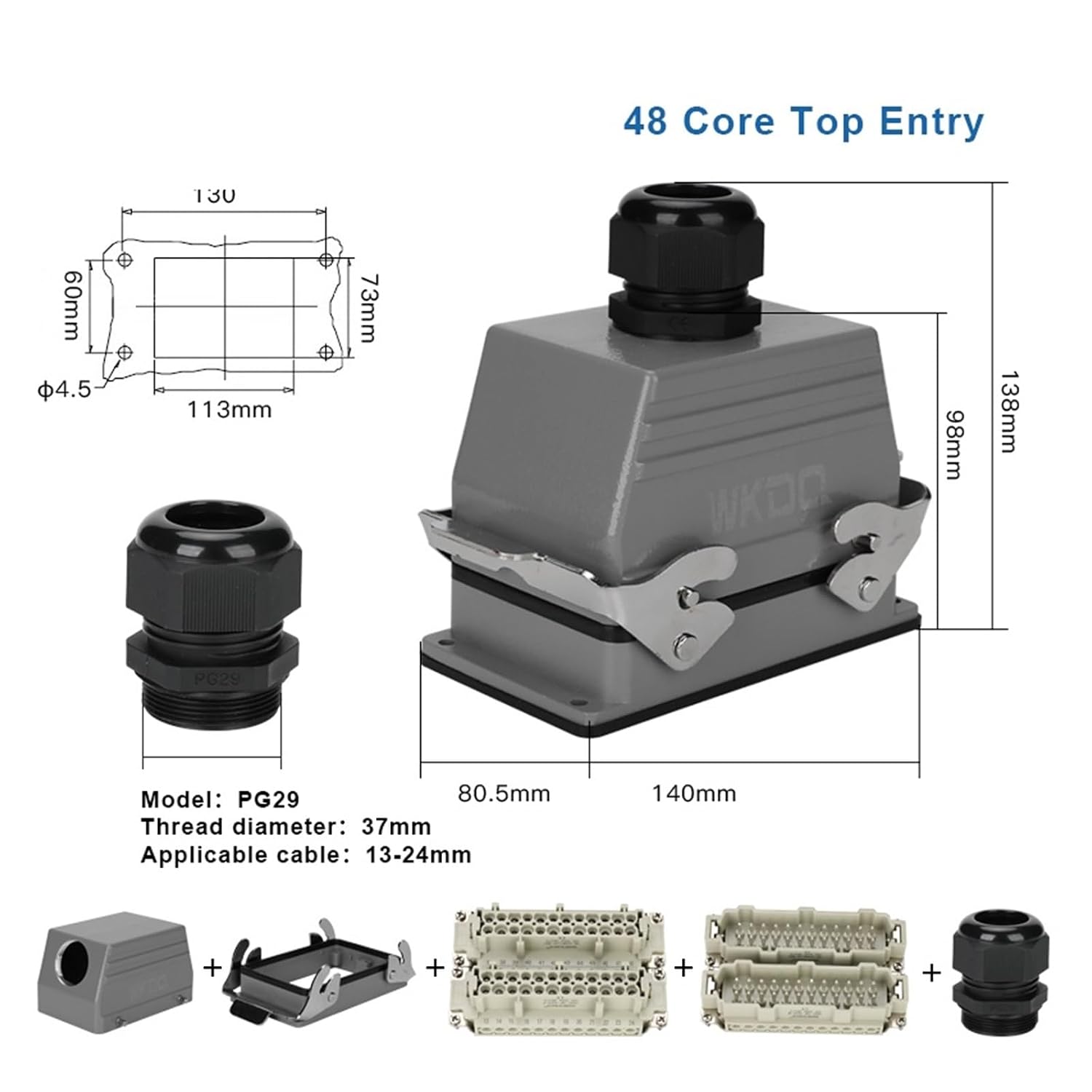 Heavy Duty Push in Connector, 6/10/16/24/32/48 Core, Tool Free Wiring, Waterproof Industrial Power Connector, 1pcs(48 Core Top Entry)