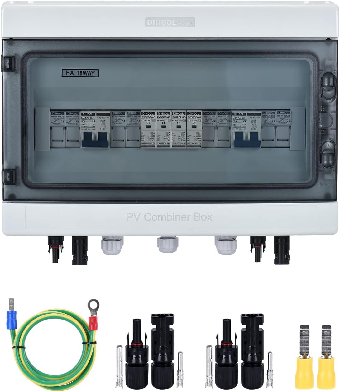 DIHOOL PV Solar Combiner Box with Lightning Surge Protector Arrester, 4 String 4 in 2 Out, 25A 500V DC Breaker Fuse Inline Box for 4 Arrays and 2 Inverters
