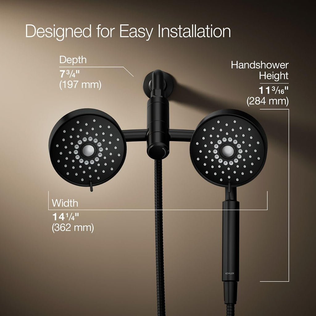 KOHLER 23219-BL Purist 2-in-1 Multi Function Shower Kit includes SHOWERHEAD & HAND SHOWER, Full Coverage Spray & Rotating Rail, Matte Black, 2.5 GPM