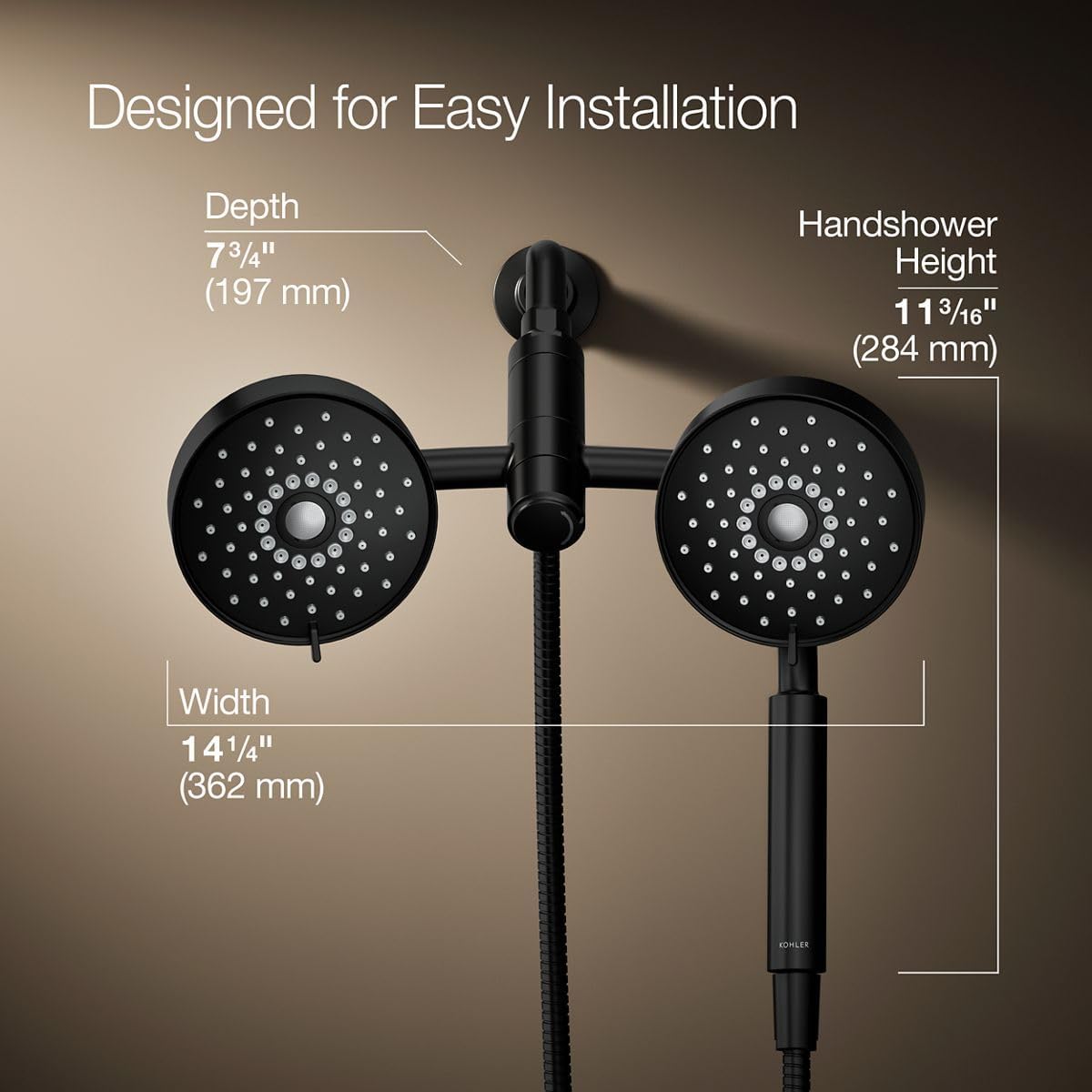 KOHLER 23219-BL Purist 2-in-1 Multi Function Shower Kit includes SHOWERHEAD & HAND SHOWER, Full Coverage Spray & Rotating Rail, Matte Black, 2.5 GPM