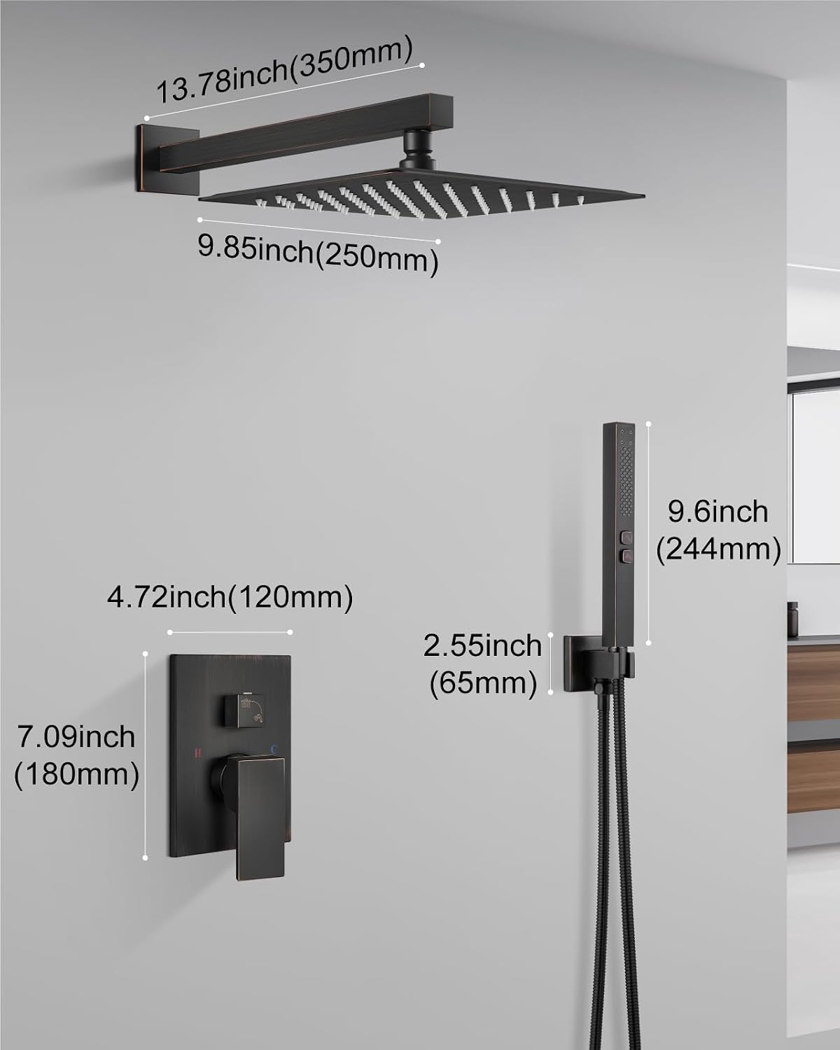 Shower Faucet Set Rainfall Shower System with Square Showerhead and Handle Set Fixture with 2 in 1 Function Handheld Sprayer Wall Mounted Trim Repair Kit Rough-in Valve 10 Inch Oil Rubbed Bronze