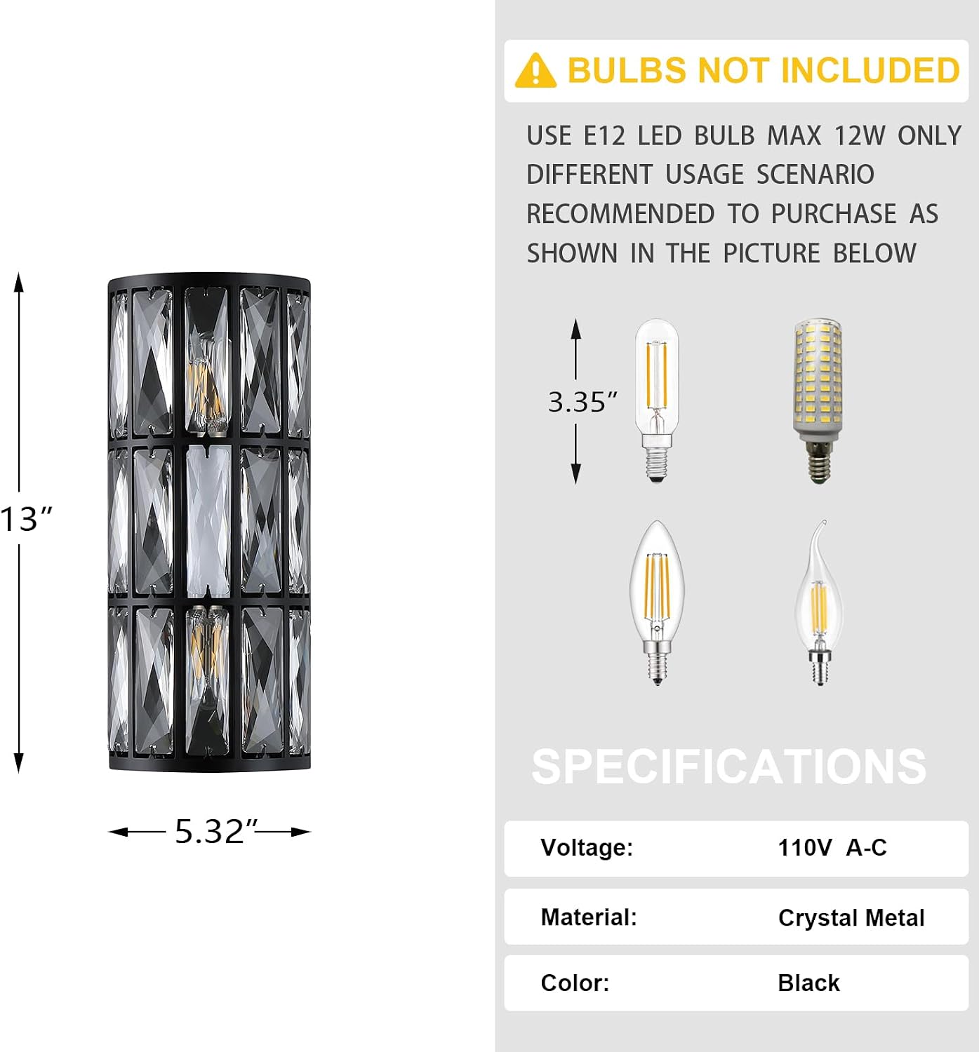 2 Light Modern Concise E12 Base Polyhedral Crystal Shade 2 Pack Wall Sconce Light Fixtures,Black Finish for Bathroom,Bedroom Living Room Bedside