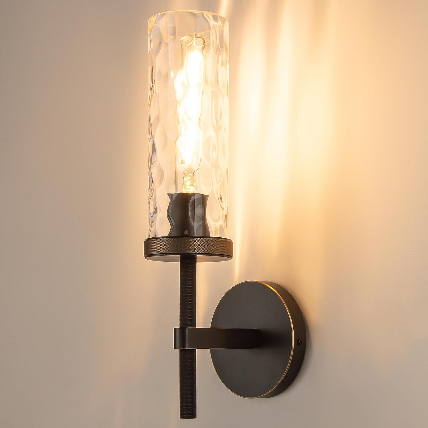15' Knurled Brass Wall Sconce with Water Ripples Glass Tube, Black Gold Bathroom Vanity Light Fixtures, Modern Lamp Lighting for Bedroom, Living Room, Hallway, Staircase, Mirror, Kitchen