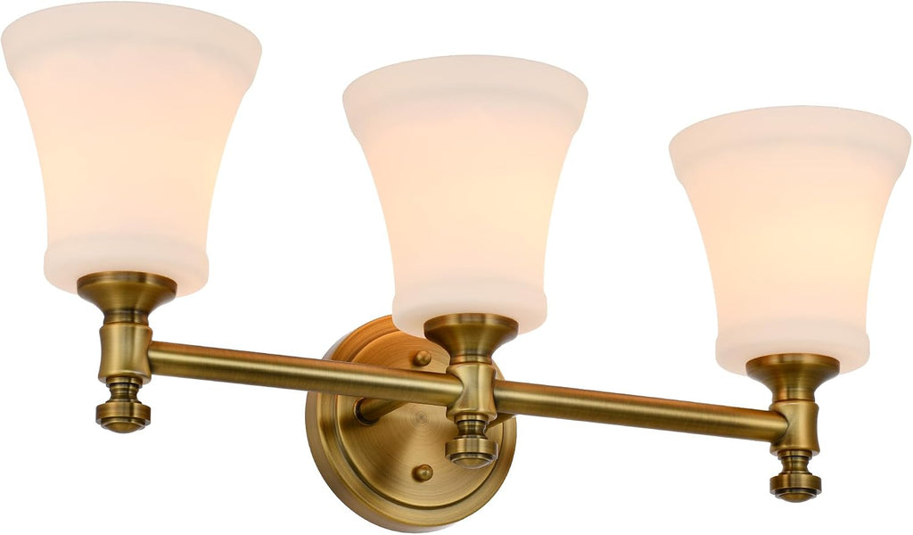 Champagne Bronze Bathroom Vanity Light Fixtures, Traditional Gold 3 Lights Wall Sconce Lighting with Large Opal Glass Shade, Porch Wall Mount Light Fixture for Bathroom, Mirror Cabinets Hallway Stairs