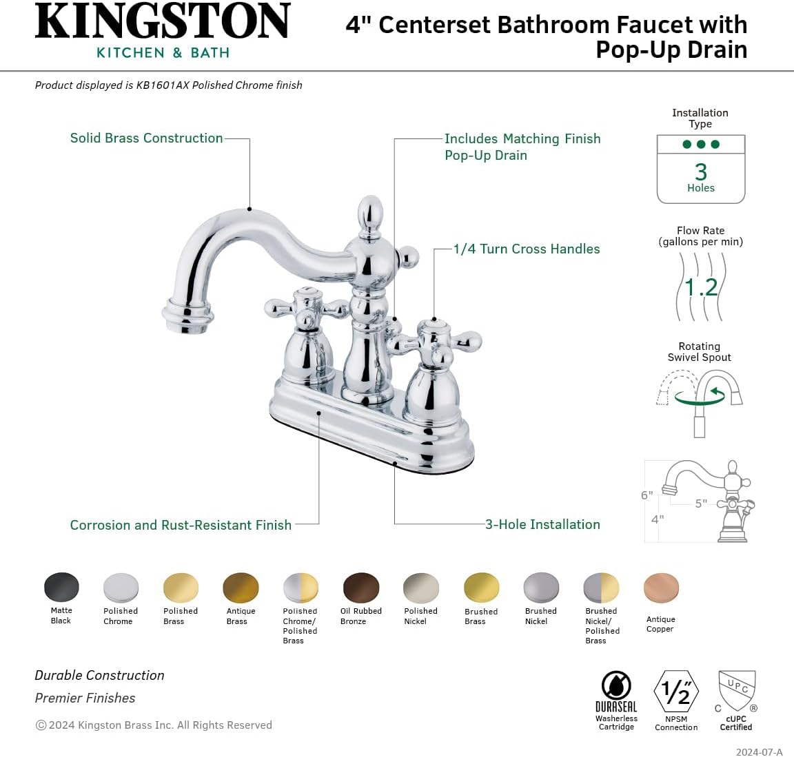 Kingston Brass KB1605AX Heritage 4-Inch Centerset Lavatory Faucet with Metal Cross Handle, Oil Rubbed Bronze , Oil-Rubbed Bronze