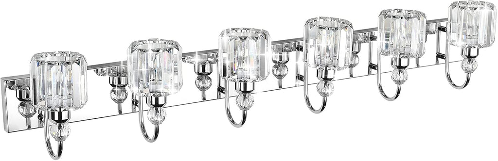 Ralbay 6-Lights Stainless Steel Crystal Bathroom Vanity Lights Over Long Mirror Modern Crystal Vanity Lighting Fixtures for Bathroom