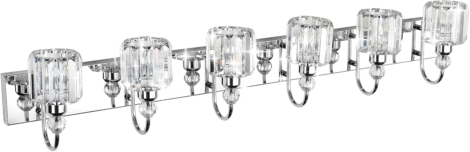 Ralbay 6-Lights Stainless Steel Crystal Bathroom Vanity Lights Over Long Mirror Modern Crystal Vanity Lighting Fixtures for Bathroom