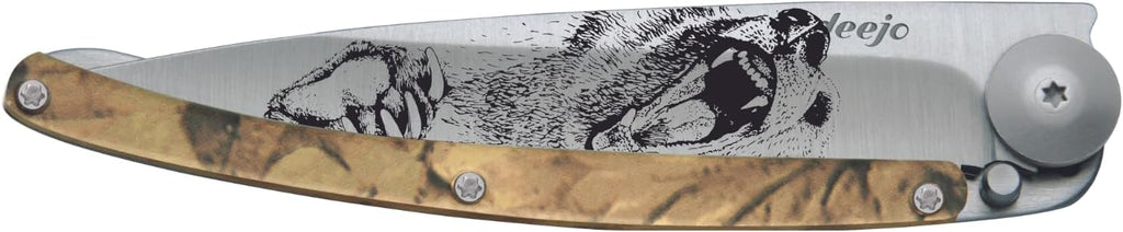 deejo - 37G Folding Pocket Knife with Belt Clip - Grizzly Design, 3.7-Inch Stainless Steel Blade, Brown Camo Handle - Lightweight Everyday Carry for Home, Work, and Outdoor Use