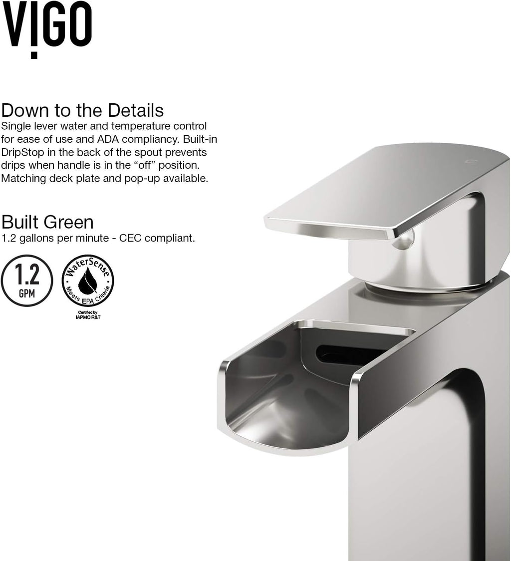 VIGO Amada Waterfall Single-Handle Single-Hole Mount Vessel Bathroom Sink Faucet, 10-Inch, Brushed Nickel, Modern Design, Solid Brass, 1.2 GPM WaterSense & Ceramic Disc Valve, Corrosion-Resistant