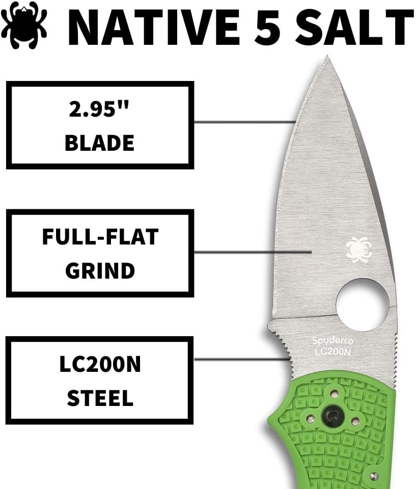 Spyderco Native 5 Lightweight Salt Folding Knife with 2' LC200N Steel Blade and Green FRN Handle - EDC Knife for Men and Women, Perfect for Hunting, Tactical, Camping, Survival - PlainEdge - C41PGR5