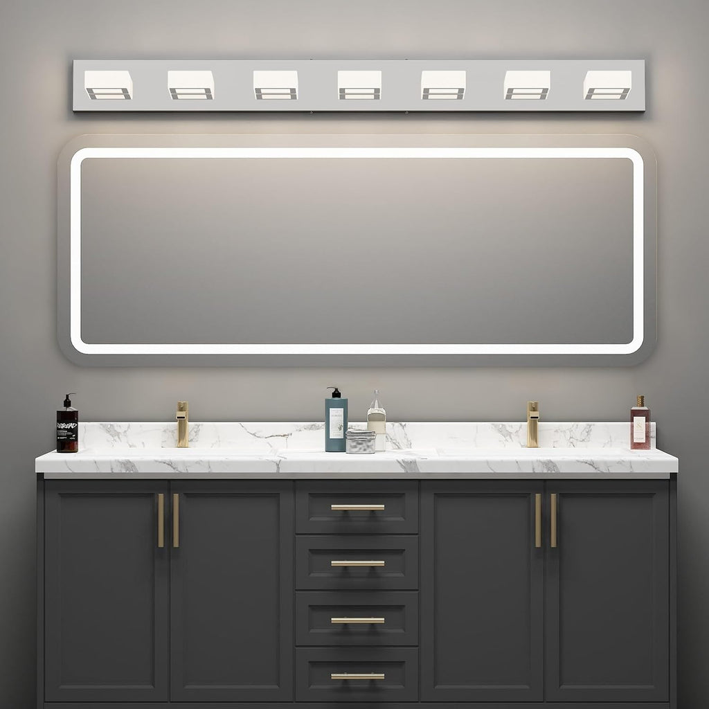 Ralbay 46' LED Chrome Vanity Lights 7 Lights Acrylic Stainless Steel LED Modern Vanity Lights Chrome Bathroom Lighting Fixtures Over Long Mirror (Natural White Light 4500K)