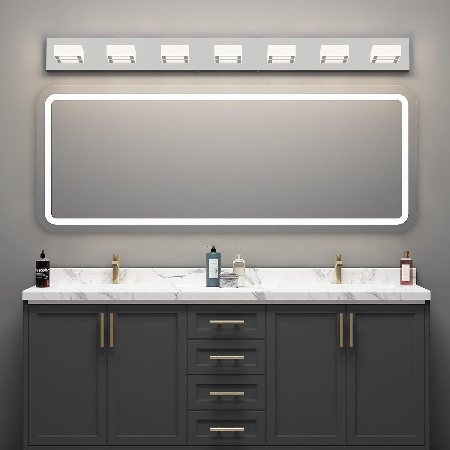 Ralbay 46' LED Chrome Vanity Lights 7 Lights Acrylic Stainless Steel LED Modern Vanity Lights Chrome Bathroom Lighting Fixtures Over Long Mirror (Natural White Light 4500K)