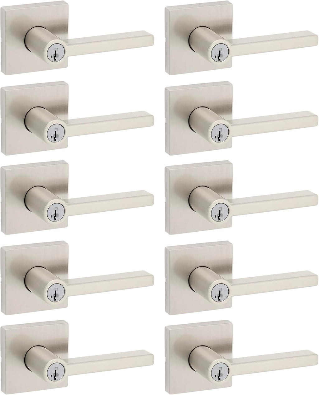 Kwikset Halifax Entry Door Handle with Lock and Key, Secure Keyed Reversible Lever Exterior, For Front Entrance and Bedrooms, Satin Nickel, 10 Pack, Pick Resistant SmartKey Rekey Security and Microban