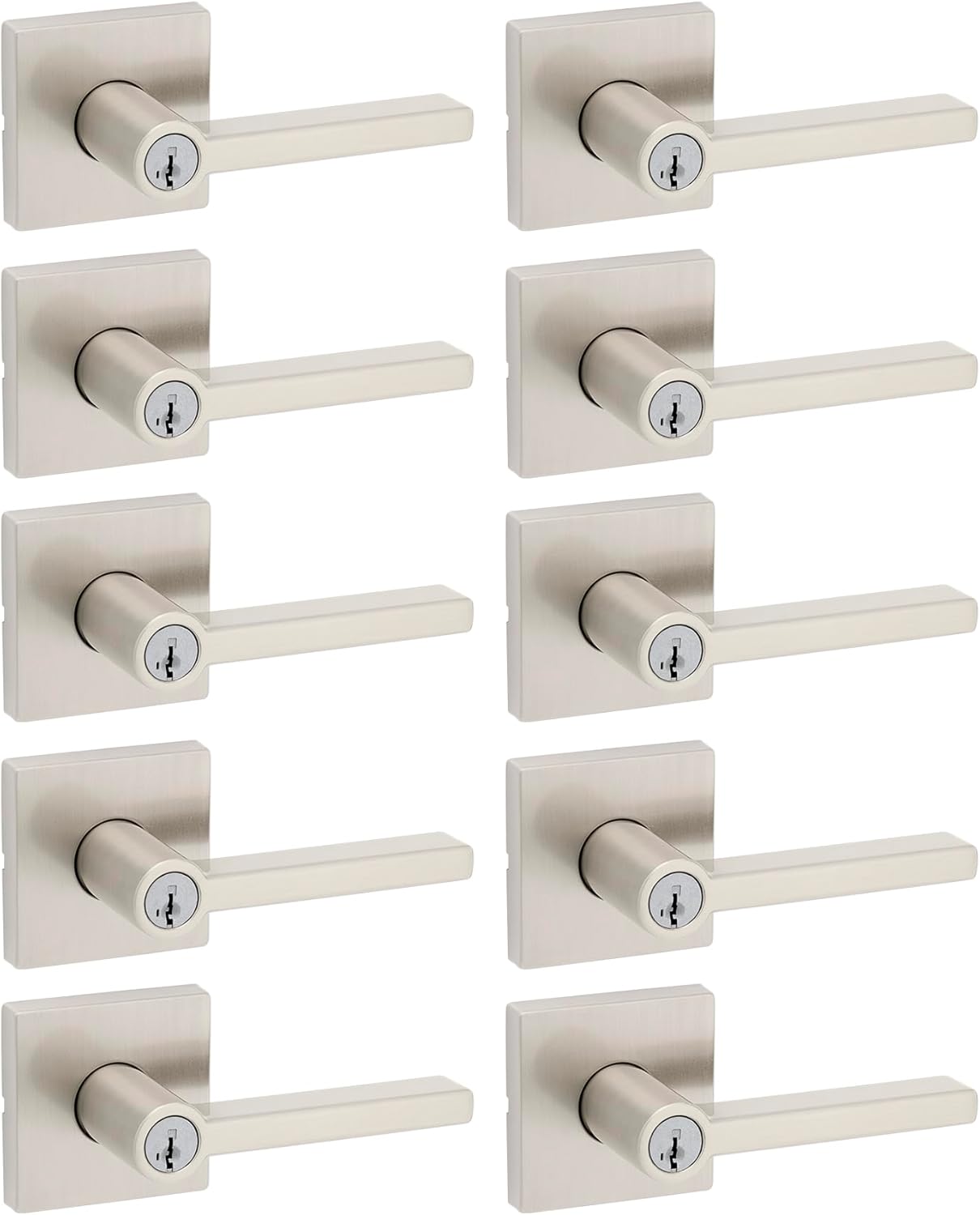 Kwikset Halifax Entry Door Handle with Lock and Key, Secure Keyed Reversible Lever Exterior, For Front Entrance and Bedrooms, Satin Nickel, 10 Pack, Pick Resistant SmartKey Rekey Security and Microban