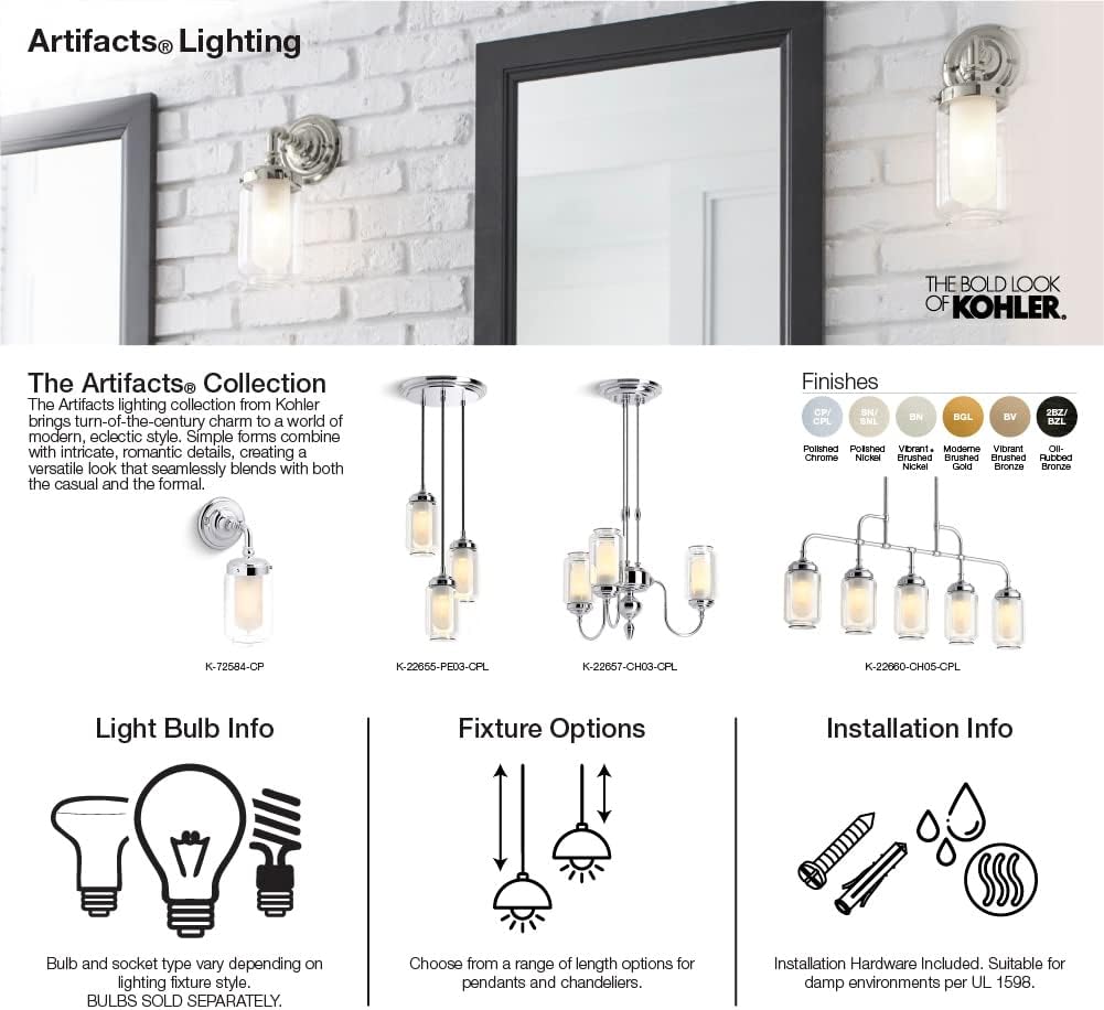 KOHLER Artifacts, Bathroom Vanity Light Fixture, Wall Sconce Lighting, Downlight Only, UL Listed, 1 Light, Brushed Nickel