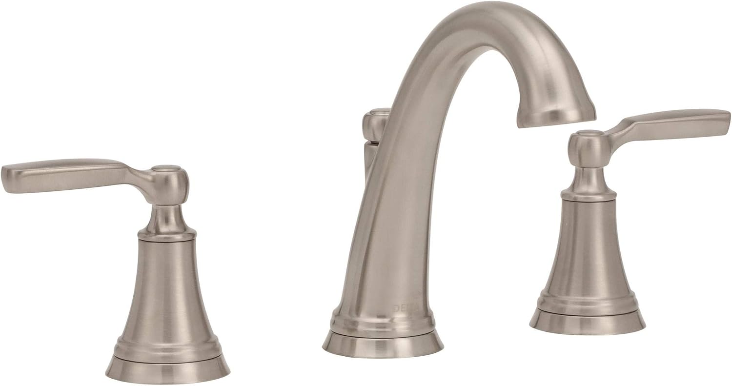 Delta Woodhurst Brushed Nickel Bathroom Faucet 3 Hole, 8 Inch Widespread Bathroom Sink Faucet for Vanity, Metal Push-Pop Drain Assembly, Stainless 3532LF-SS