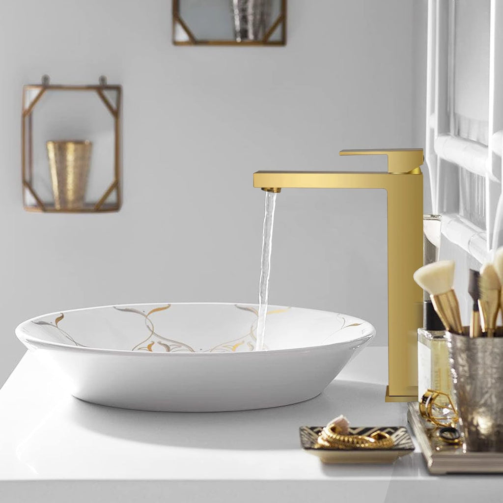 Lava Odoro Gold Vessel Sink Faucet, Brushed Gold Single Hole Bowl Sink Faucet Tall Bathroom Faucet Single Handle with Pop up Drain Assembly, BF307-T-SG