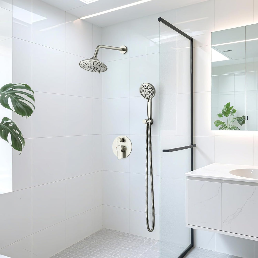 EMBATHER Shower Faucets Sets Complete, with 3 Setting High Pressure Shower Head Combo, Bathroom Wall Mounted Rainfall Shower System Fixtures with 8-Mode Handheld Spray, Brushed Nickel