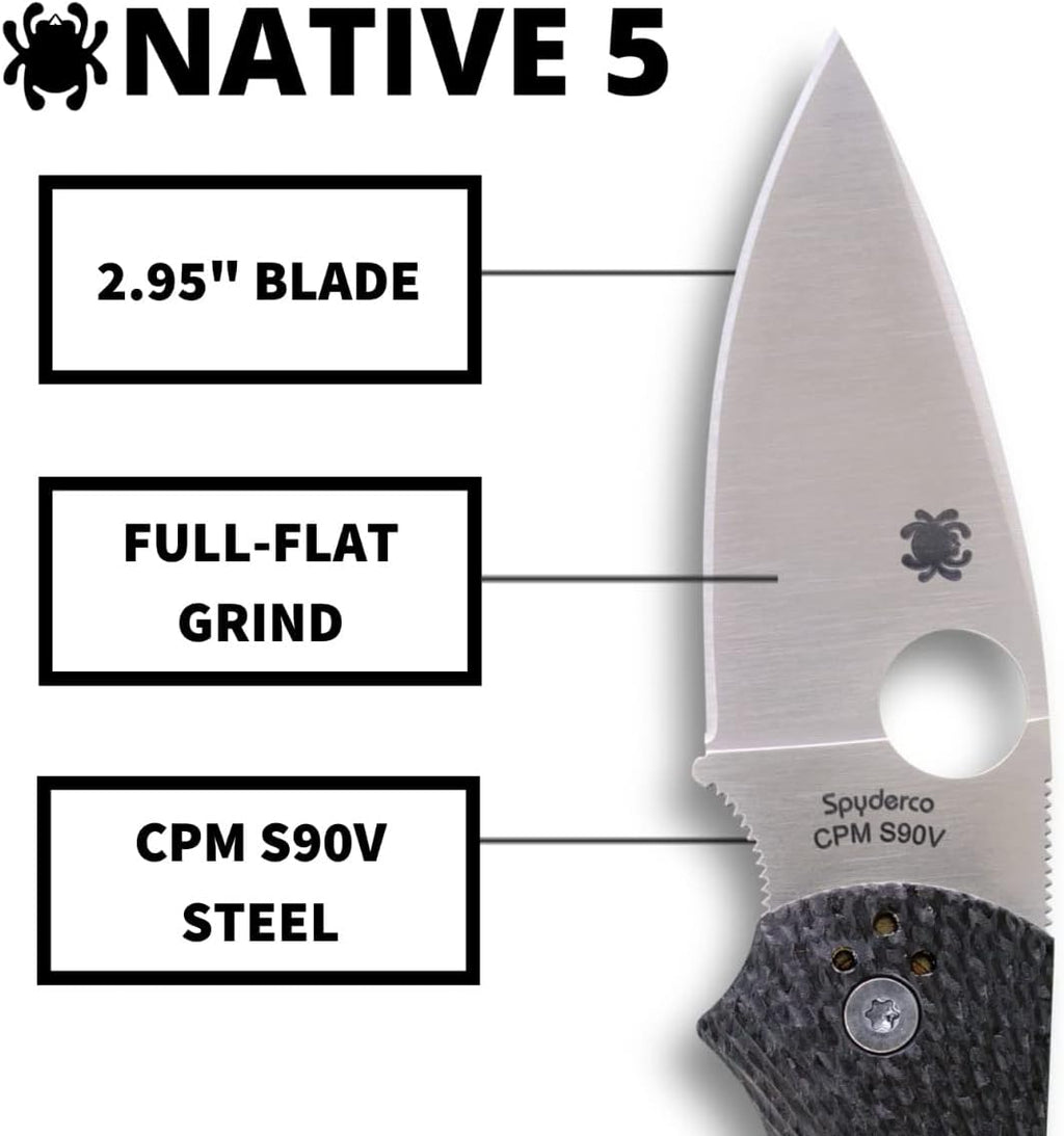 Spyderco Native 5 Knife - Black Carbon Fiber Handle with PlainEdge, Full-Flat Grind, CPM S90V Steel Blade and Back Lock - C41CFFP5