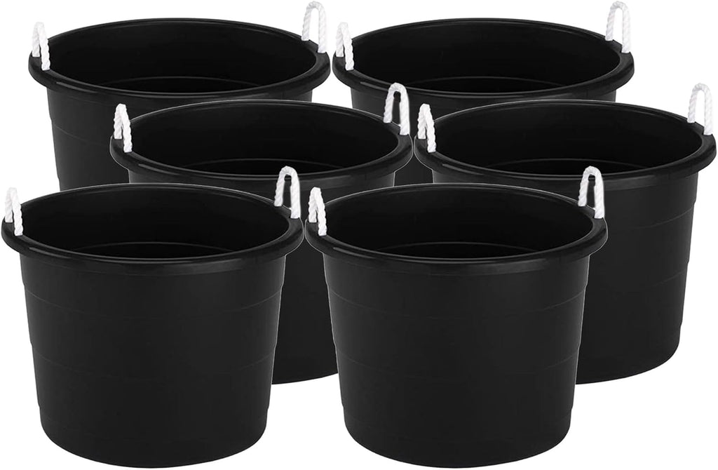 HOMZ 6-Pack Utility Tub, Large Plastic Storage Bucket with Rope Handles, 18 Gallon, Black - Portable Indoor and Outdoor Buckets for Kitchen, Laundry, Garden, Bathroom, and Garage Organization
