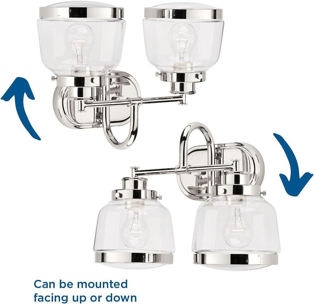 Progress Lighting P300081-104 Judson Collection Clear Glass Farmhouse Bath Vanity Light, 2-Light, Polished Nickel