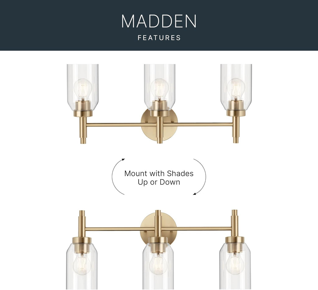 Kichler Madden 3-Light Bathroom Vanity Light Fixture with Clear Glass in Champagne Bronze, Modern Wall Mount Lighting for Single Vanity Mirror (10.5' x 24'), 55185CPZ