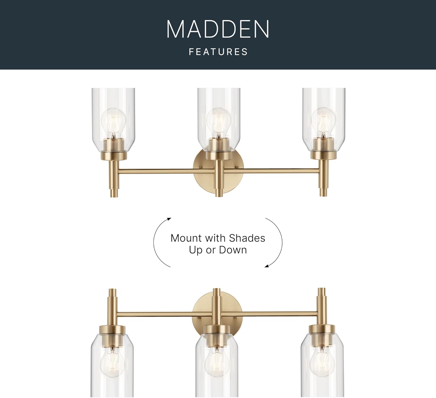 Kichler Madden 3-Light Bathroom Vanity Light Fixture with Clear Glass in Champagne Bronze, Modern Wall Mount Lighting for Single Vanity Mirror (10.5' x 24'), 55185CPZ