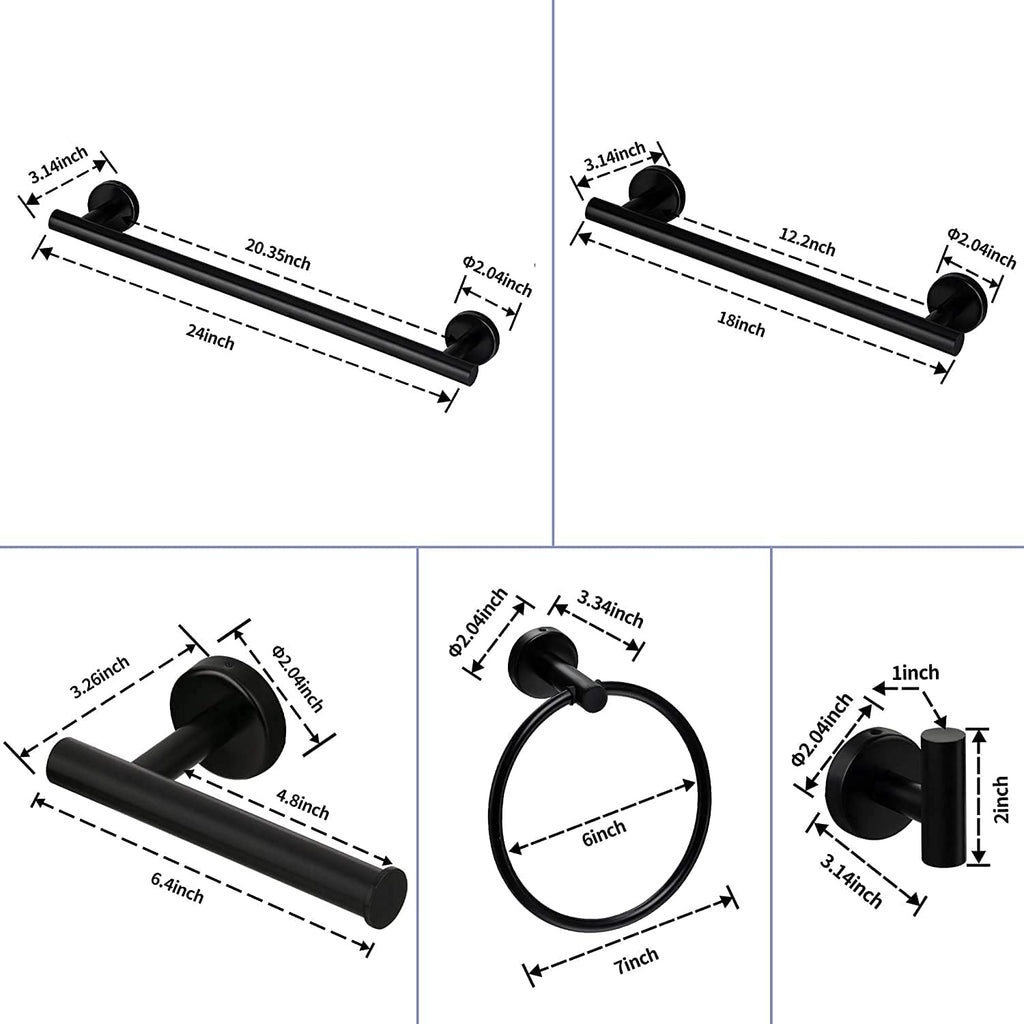 6-Pieces Bathroom Hardware Set SUS304 Stainless Steel Round Wall Mounted Includes Hand Towel Bar,Toilet Paper Holder,Robe Towel Hooks,Bathroom Accessories Kit On-Site (Matte Black)