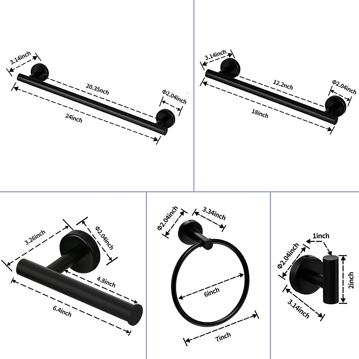 6-Pieces Bathroom Hardware Set SUS304 Stainless Steel Round Wall Mounted Includes Hand Towel Bar,Toilet Paper Holder,Robe Towel Hooks,Bathroom Accessories Kit On-Site (Matte Black)