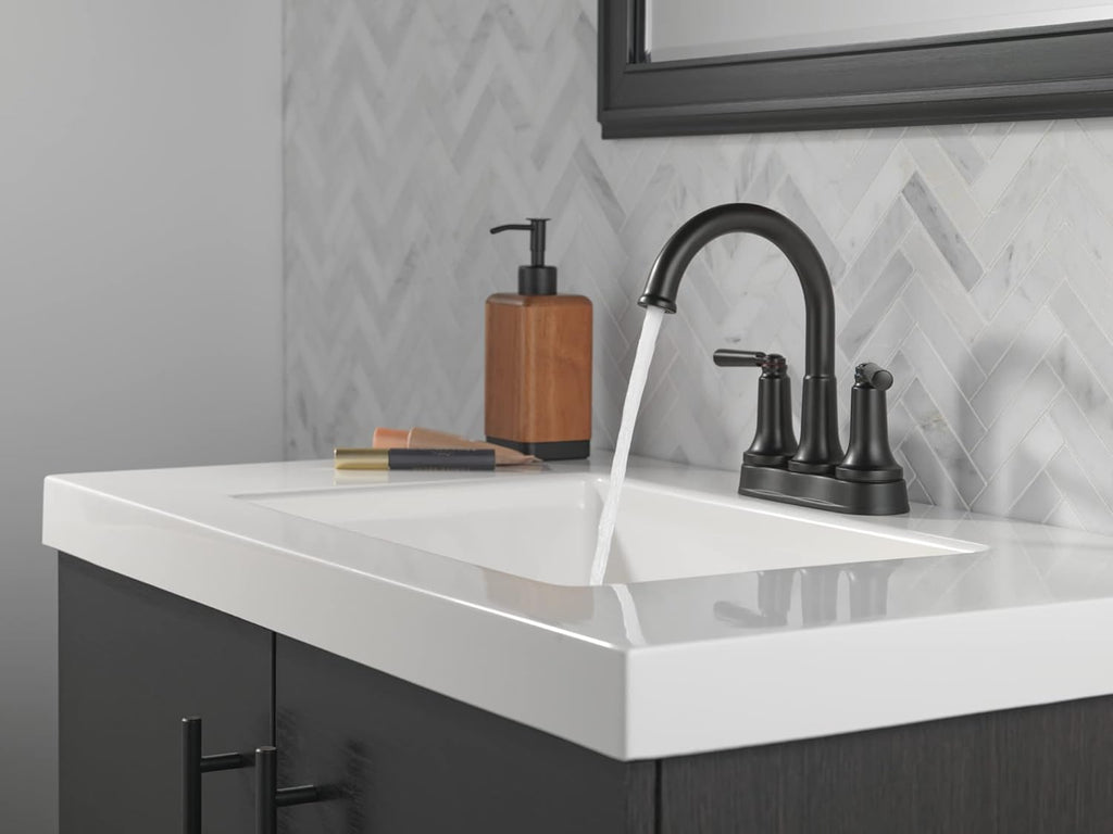 Delta Faucet Saylor Matte Black Bathroom Faucet, Bathroom Sink Faucet, Centerset Bathroom Faucet for Bathroom Sink, Diamond Seal Technology, Metal Drain Assembly, Matte Black 2535-BLMPU-DST