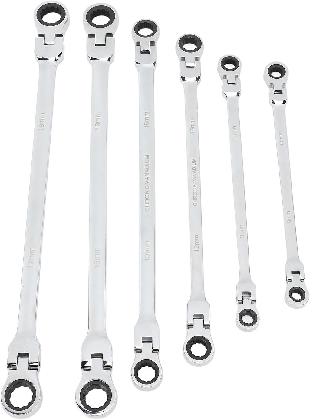 Qiilu 6pcs Flex Head Ratcheting Wrench Set, Metric 8-19mm CRV Steel, Extra Long Double Box End Ratchet Wrench for Repair, Greater Leverage and Easy in Tight Spaces, Efficient