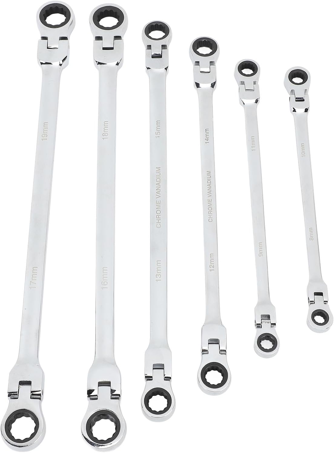 Qiilu 6pcs Flex Head Ratcheting Wrench Set, Metric 8-19mm CRV Steel, Extra Long Double Box End Ratchet Wrench for Repair, Greater Leverage and Easy in Tight Spaces, Efficient