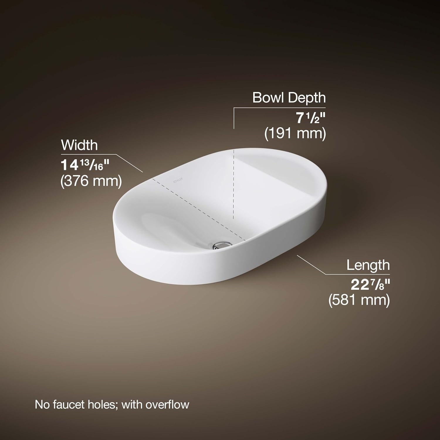 KOHLER 31703-0 Chalice 22-3/4' Oval Vessel Bathroom Sink Bowl with Storage Deck, Above Counter Vanity Sink Basin, with Overflow, No Faucet Holes, White