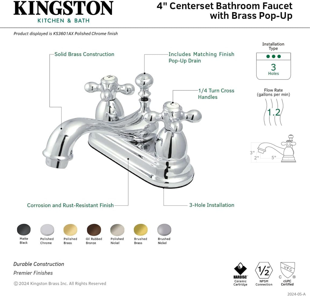 Kingston Brass KS3608AX 4 in. Centerset Bathroom Faucet, Brushed Nickel