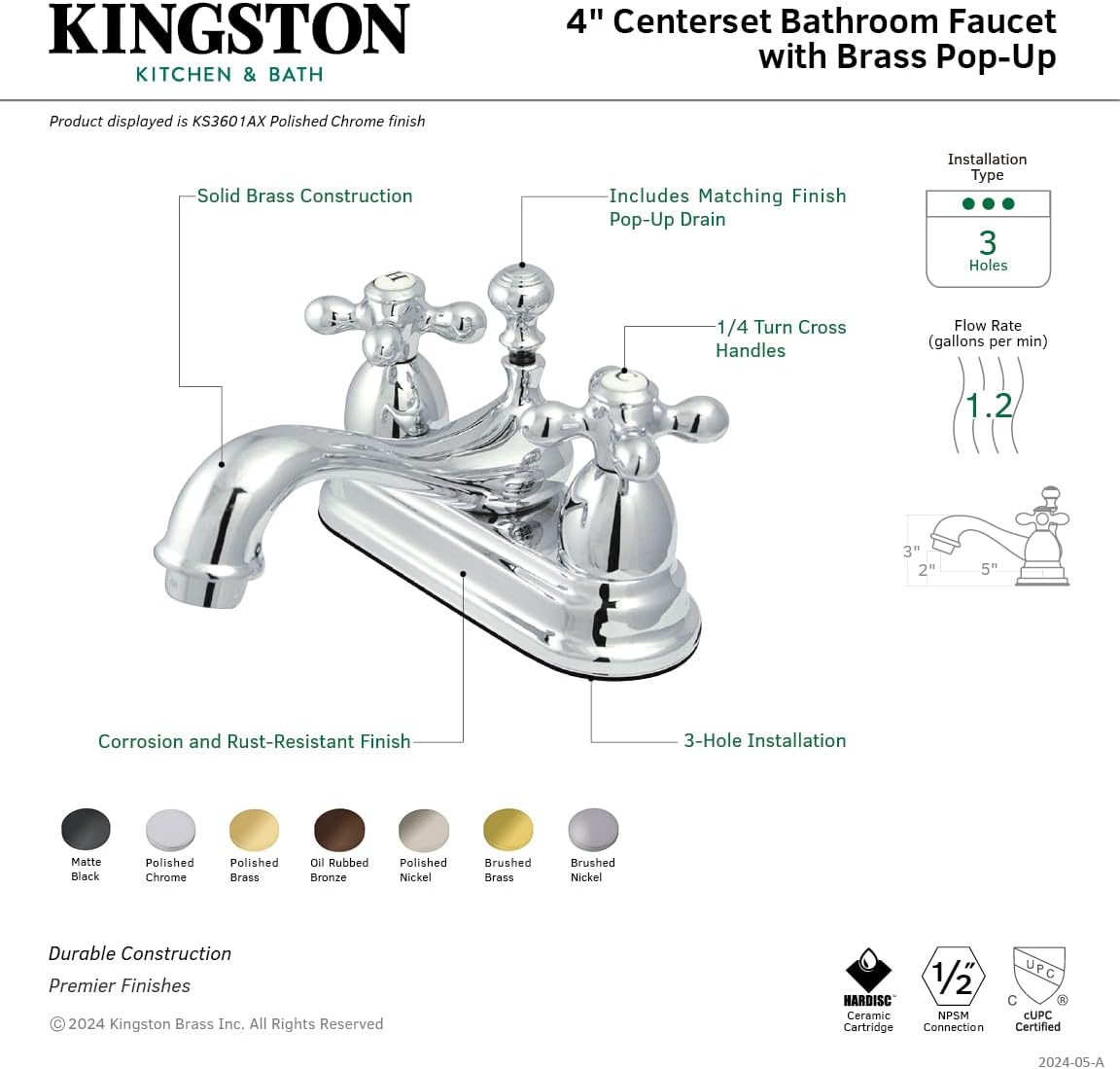 Kingston Brass KS3608AX 4 in. Centerset Bathroom Faucet, Brushed Nickel