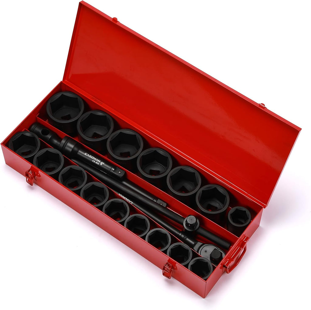 CASOMAN 21-Piece 1' Drive Jumbo Impact Socket Set, 6-Point, Shallow Large Socket Set, SAE (1-5/8' to 3-1/8'), Includes Extension Bars, Ratchet, CR-MO Steel