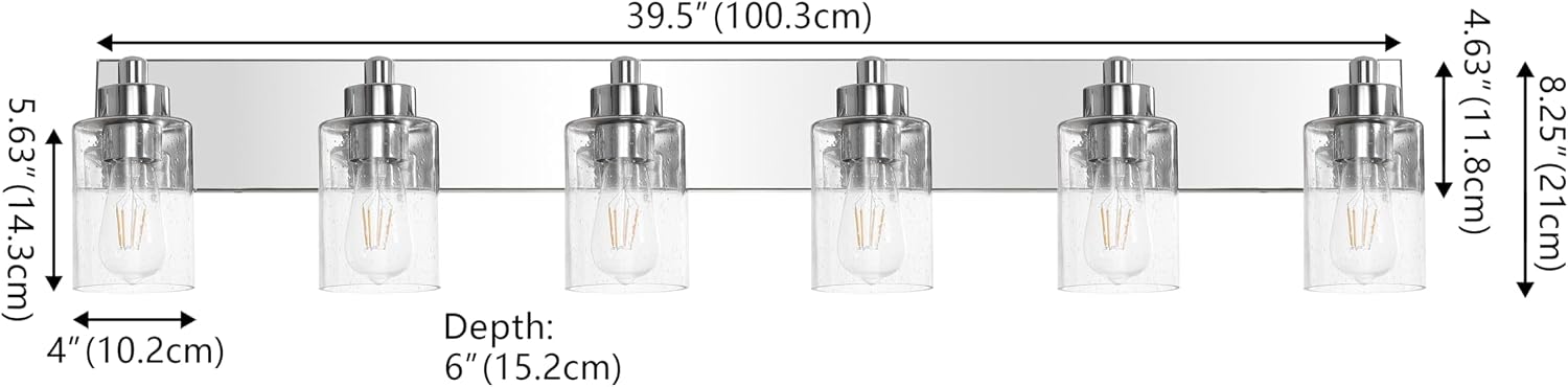 JONATHAN Y 40' Chrome/Clear 6-Light Modern LED Vanity Light for Bathroom Mirror, Mid-Century Wall Sconce with Clear Seeded Glass Shades, Contemporary Iron Fixture, LED Bulbs (JYL7621C)