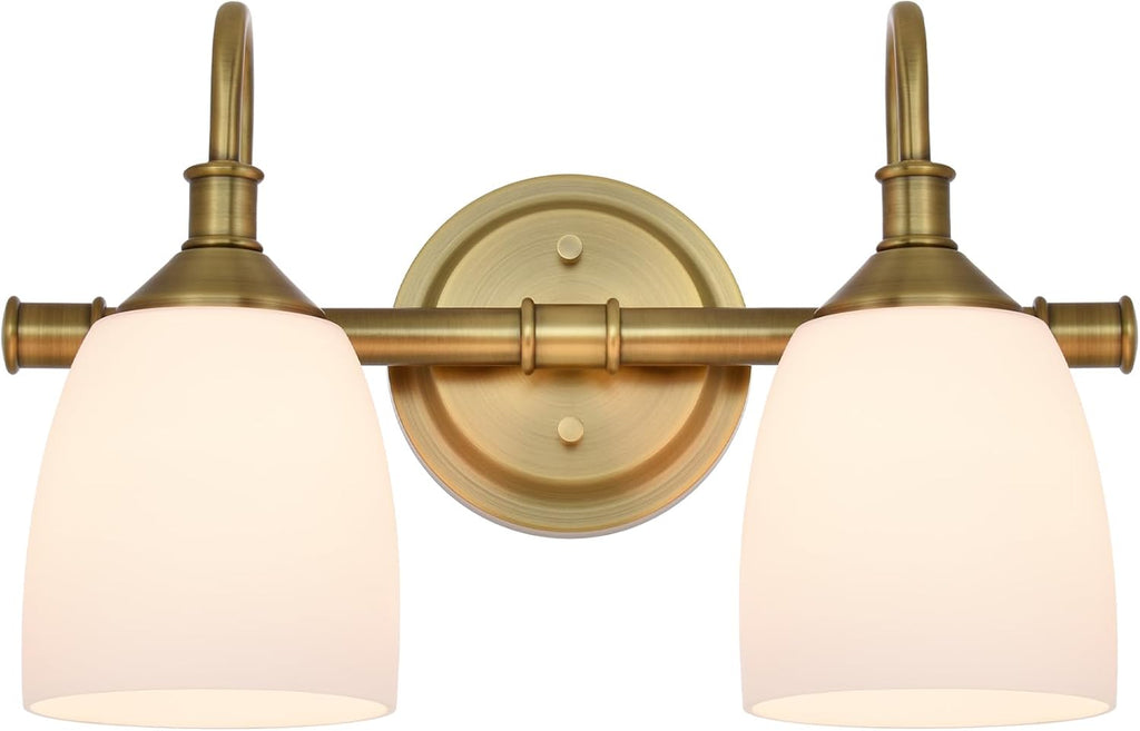 2-Light Champagne Bronze Bathroom Vanity Light Fixtures Over Mirror, Vintage Vanity Lights for Living Room, Milk White Glass Shades, Standard E26 Base