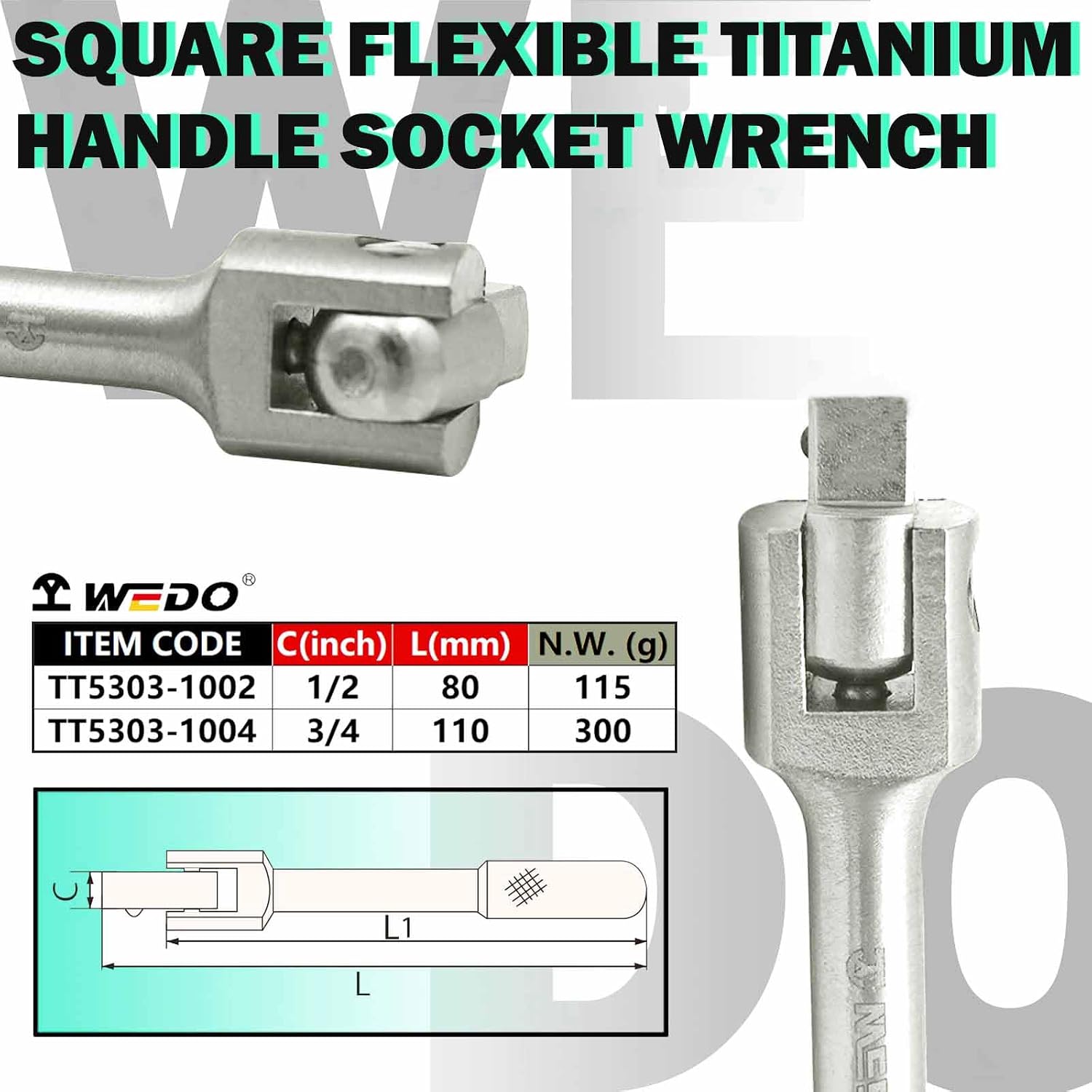 WEDO 1/2' Drive Titanium Square Flexible Handle Socket wrench, Extension Breaker Bar, Breaker Bar, Length 250mm,Engraved Non-slip Handle, Driver Head Conversion is Convenient for Multi-angle Use