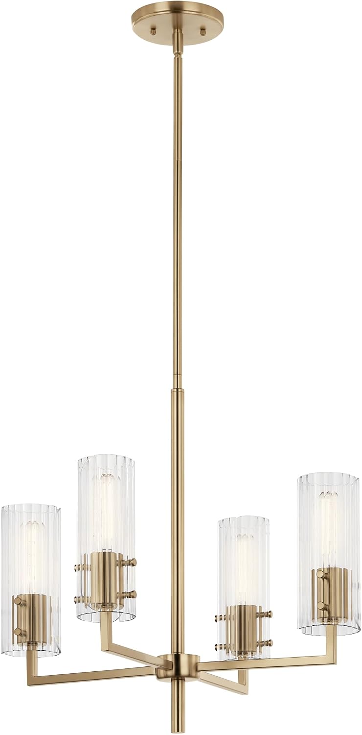 Kichler Velestino 4-Light Chandelier with Ribbed Glass Shades in Champagne Bronze, Modern Dining Room Light Fixture for Foyer, Living Room, Bedroom (20.5' x 19.25'), 52678CPZ