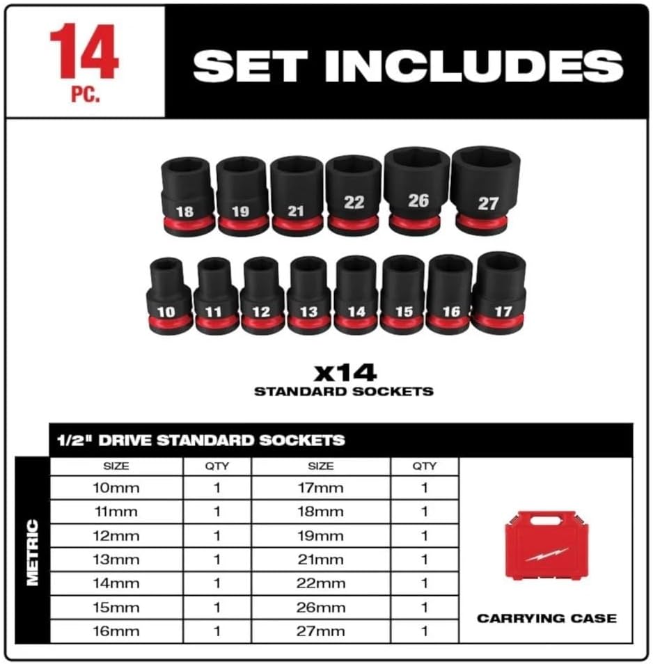 14PC 49-66-7013 for Milwaukee Impact Duty 1/2' Drive Metric 6pt Socket Set - Black/Red