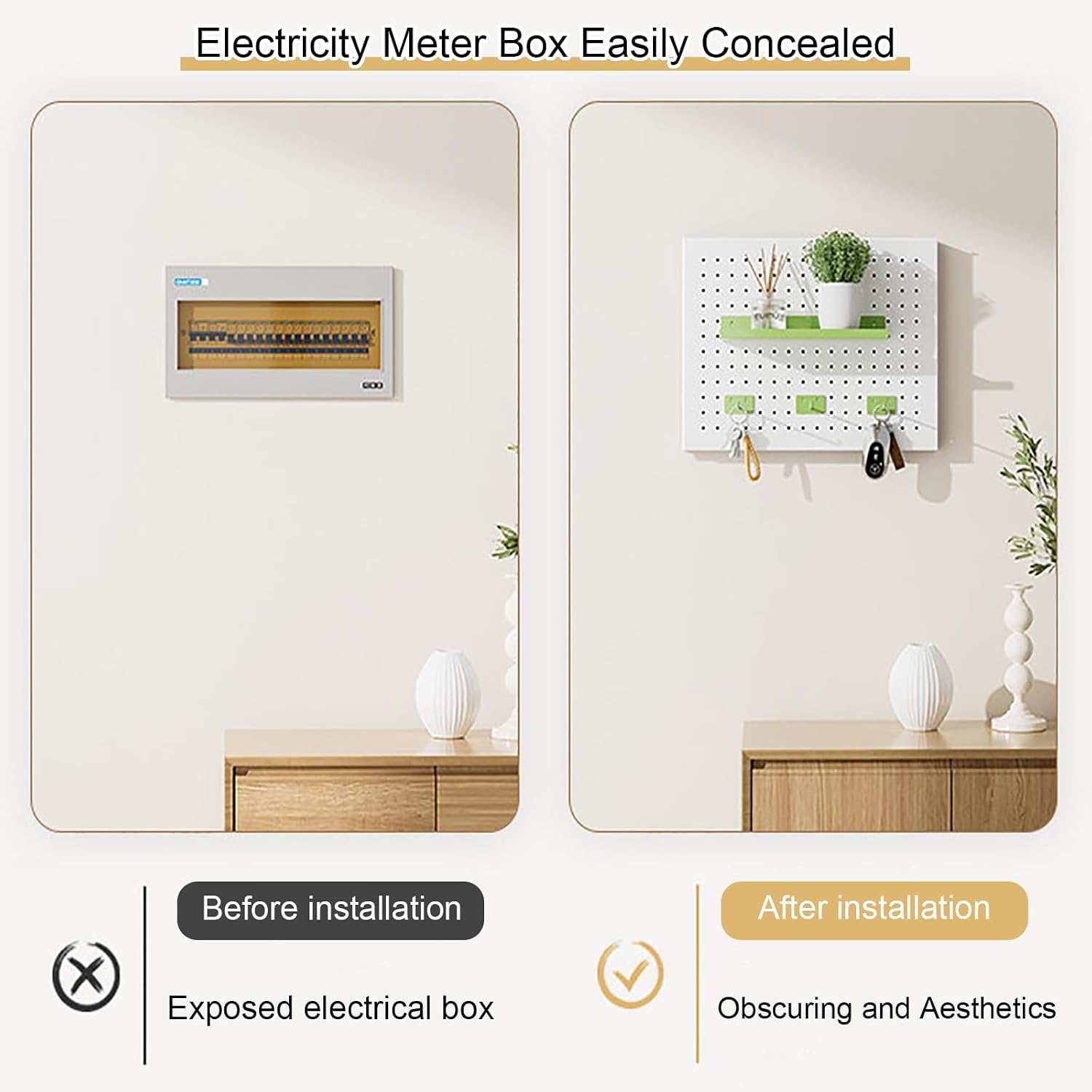Electrical Panel Cover, Distribution Box Decorative, Metal Electric Meter Box Lid, with Shelf & Hooks, for Home, Office, Study Room, Kitchen(White 1,50 * 40cm/19.7 * 15.7in)
